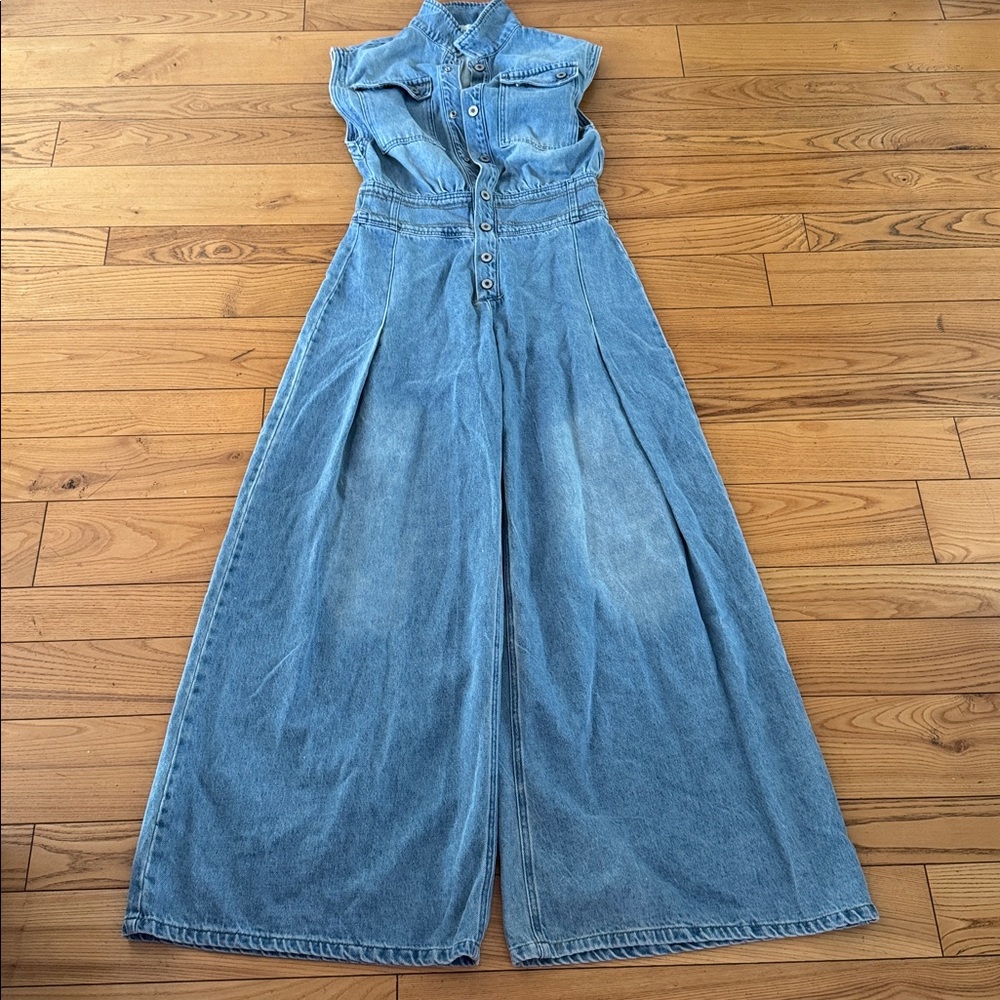Vervet denim button down sleeveless ultra wide leg jumpsuit (flaw) large - Picture 9 of 11